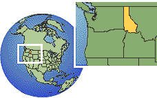 Coeur D'alene, Idaho (northern), United States time zone location map borders