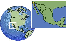Ensenada, Baja California (región fronteriza), México time zone location map borders