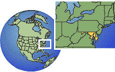 Baltimore, Maryland, United States time zone location map borders