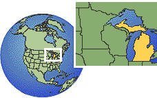 Michigan, United States time zone location map borders