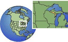 Iron Mountain, Michigan (exception), United States time zone location map borders