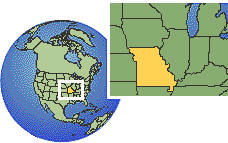 Kansas City, Missouri, United States time zone location map borders