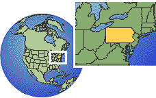 Pennsylvania, United States time zone location map borders