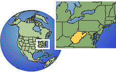 West Virginia, United States time zone location map borders