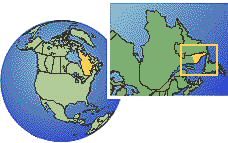 Quebec (far east), Canada as a marked location on the globe