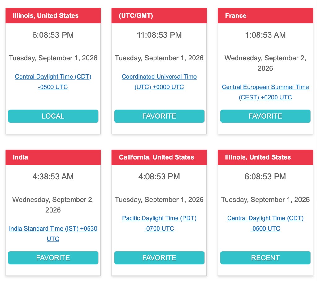 Example of the Favorites page after login, with local, favorite, and recent location cards