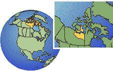 Nunavut (Rocheuses), Canadá time zone location map borders