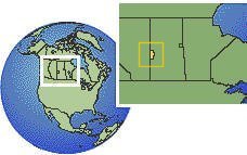 Saskatchewan (excepciones al oeste), Canadá time zone location map borders