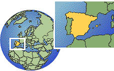 Valencia, continente, Islas Baleares, Melilla, Ceuta, España time zone location map borders