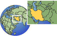 Mehriz, Irán time zone location map borders