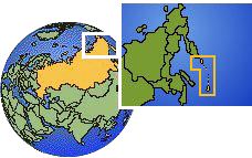 Sajalín (Islas Kuriles), Rusia time zone location map borders