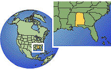 Montgomery, Alabama, United States time zone location map borders
