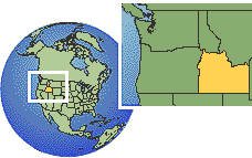 Idaho (sur), Estados Unidos time zone location map borders