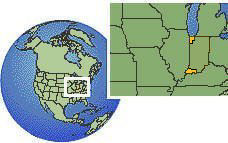Evansville, Indiana (far west), United States time zone location map borders