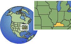 Kentucky (oeste), Estados Unidos time zone location map borders