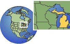 Marquette, Michigan, United States time zone location map borders