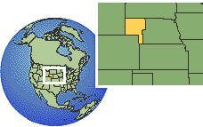 Nebraska (oeste), Estados Unidos time zone location map borders