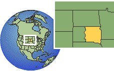 Dakota del Sur (este), Estados Unidos time zone location map borders