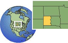 Dakota del Sur (oeste), Estados Unidos time zone location map borders