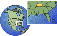 Tennessee (oeste), Estados Unidos time zone location map borders