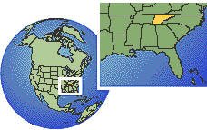 Tennessee (este), Estados Unidos time zone location map borders