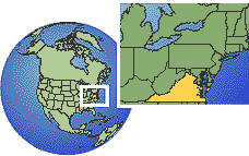Virginia, United States time zone location map borders