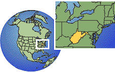 Charleston, West Virginia, United States time zone location map borders